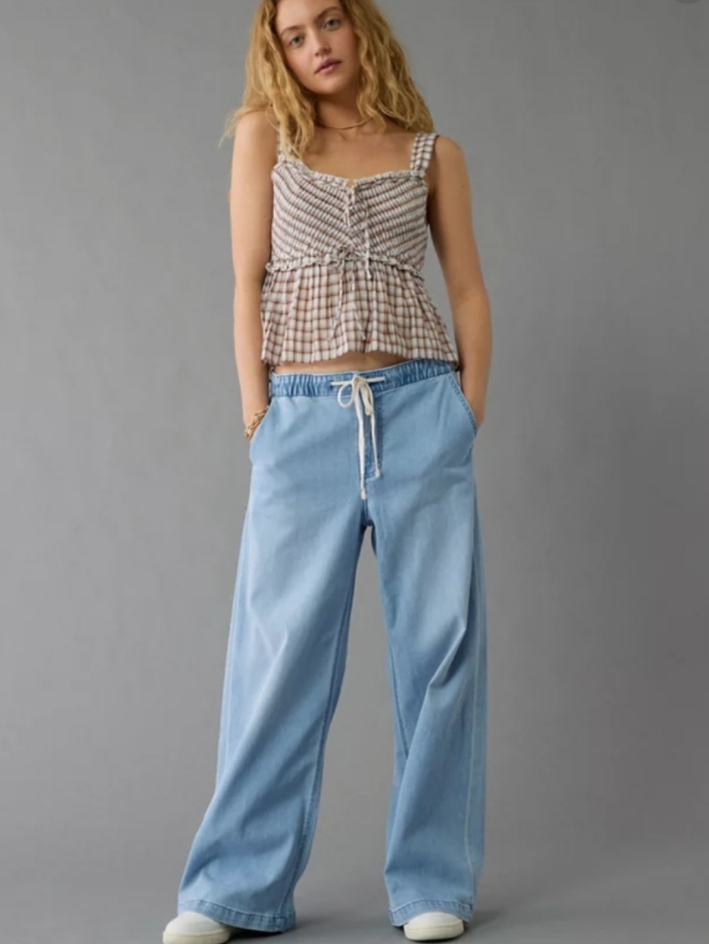 American Eagle Dreamy Drape Low Rise Ultra Wide Leg Jeans XL Blue Baggy EUC